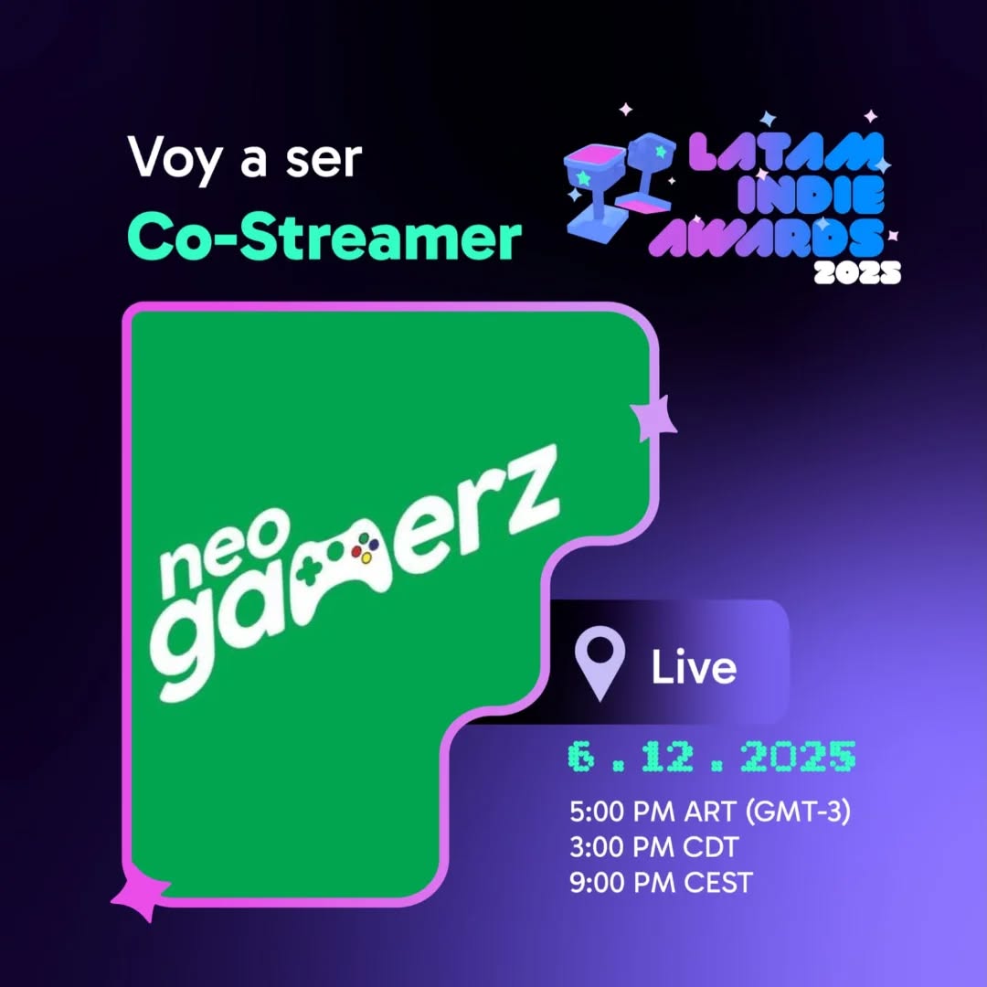 ¡Tenemos el placer de anunciar que vamos a co-stremear los @latamindieawards mañana Sábado 6 de diciembre! 💚

Los Latam Indie Awards 2025 celebran lo mejor del desarrollo independiente de nuestra región en un contexto dominado por eventos en inglés, dándole el lugar que se merece a juegos que nos acompañaron este año 🎮

El proyecto apunta a dar visibilidad y fortalecer el talento latino en la industria y estaremos transmitiendolo en vivo desde las 16:30 repasando a los nominados y viendo la premiación junto a ustedes ¡Los esperamos en nuestro canal de Youtube! 📅